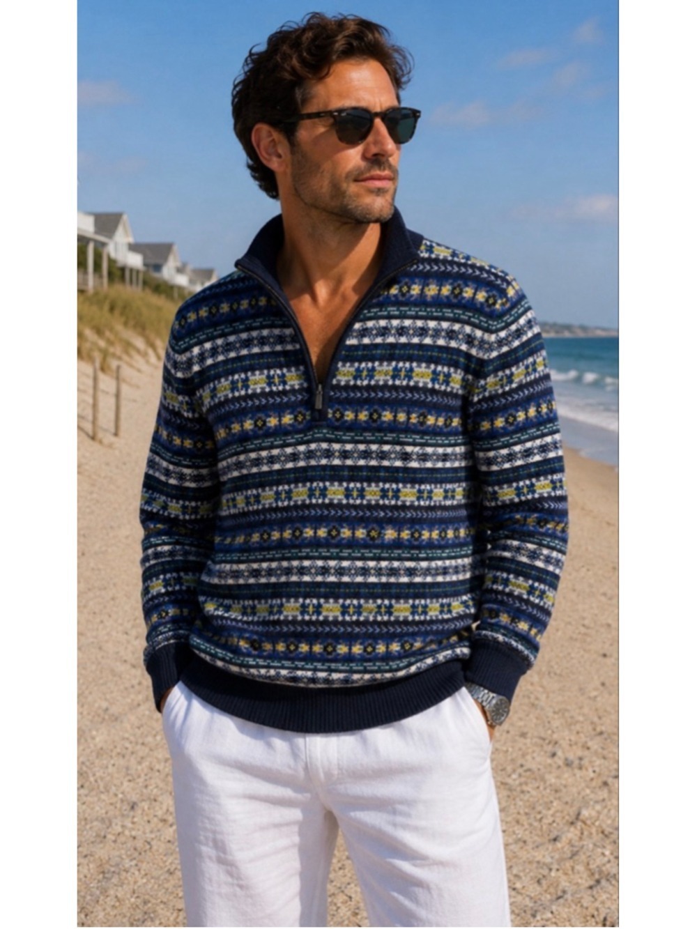 Men's Brooks Brothers Fair Isle Quarter-Zip Sweater XL Blue White